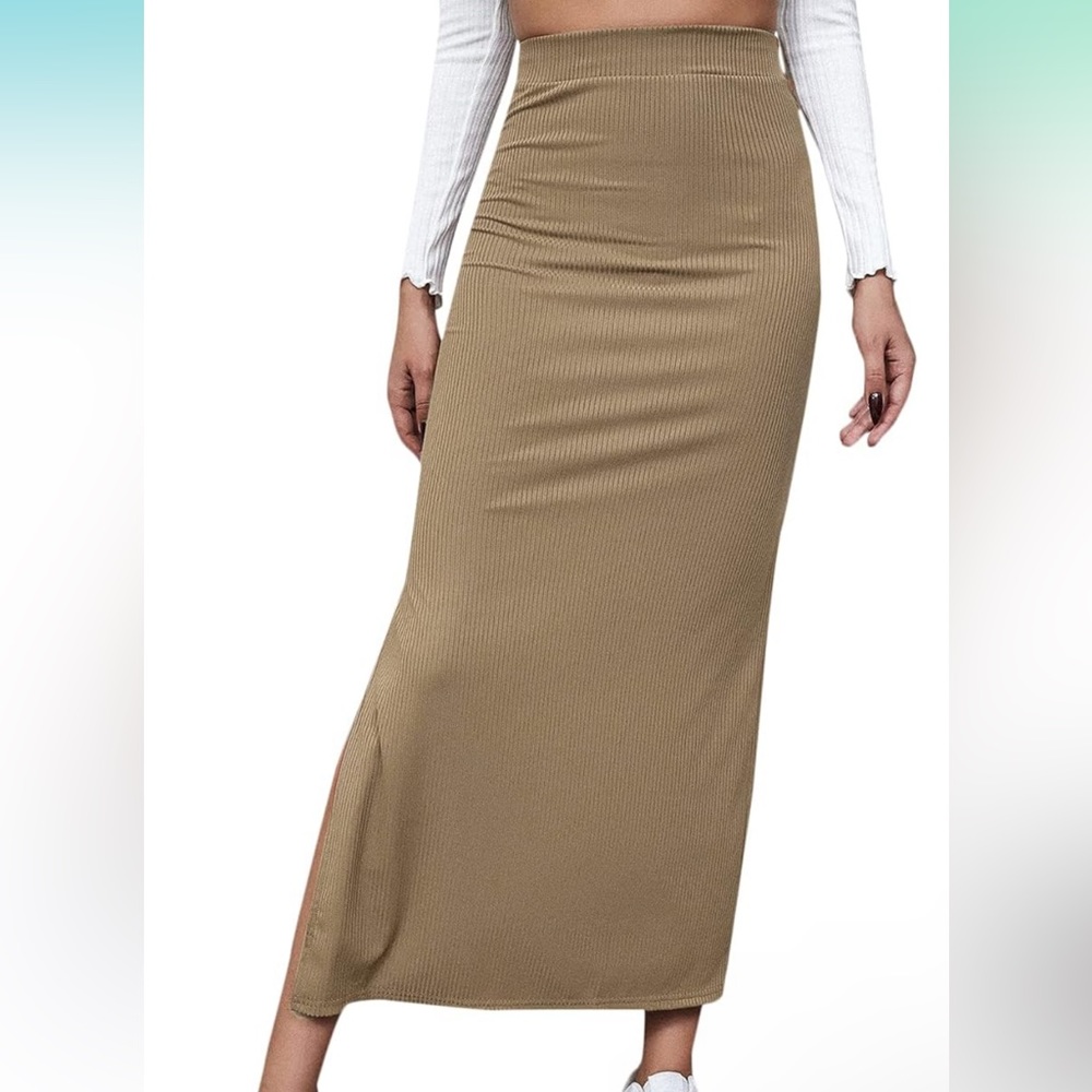 NWT High Waisted Split Rib Knit Long Bodycon Skirt Khaki